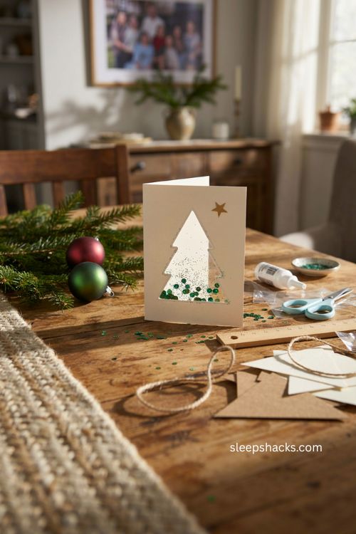 Shaker Christmas tree card for kids with green sequins glitter window and fun handmade holiday craft 