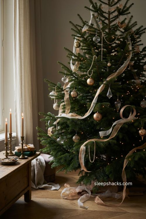 Sheer ribbon Christmas tree decorating ideas with elegant metallic accents 