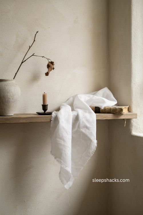 Sheer white fabric spiderweb decor on shelf by window for minimalist Halloween