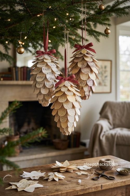 Sheet music pinecone ornaments vintage paper christmas tree decorations 