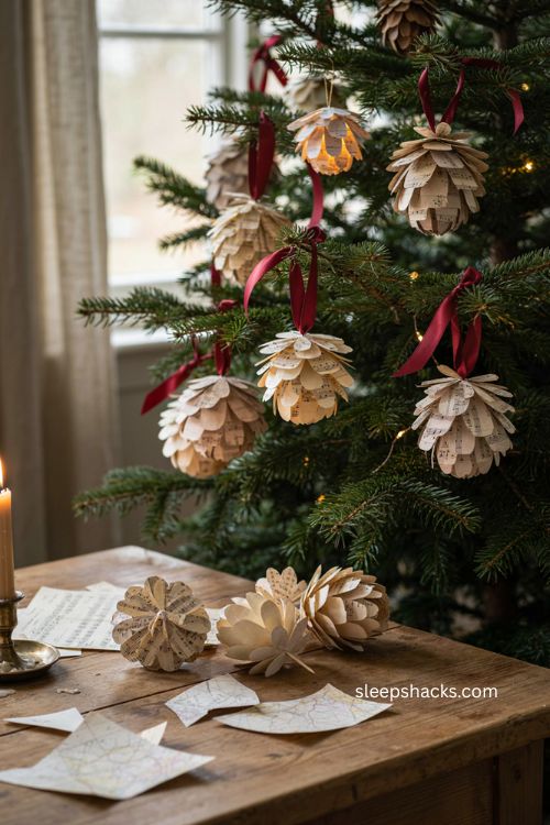 Sheet music pinecone ornaments with layered vintage paper scales red ribbon and rustic christmas tree decor 
