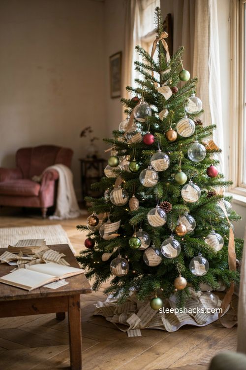 Sheet music sphere ornaments clear glass christmas tree decorations vintage paper 