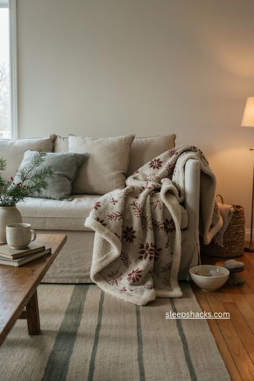Sherpa lined Christmas blanket with subtle snowflake print on cozy sofa 