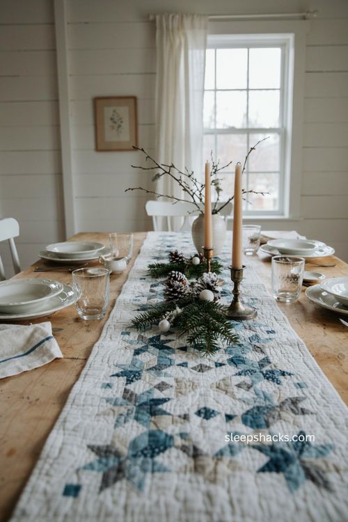 Shimmering snowflake winter table runner pattern in icy blue and white