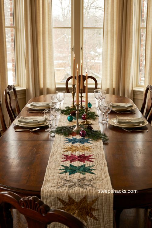 Shimmering star Christmas table runner pattern with metallic jewel toned quilted decor