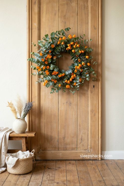 Silk campanula eucalyptus fall wreath with orange flowers for rustic autumn decor 