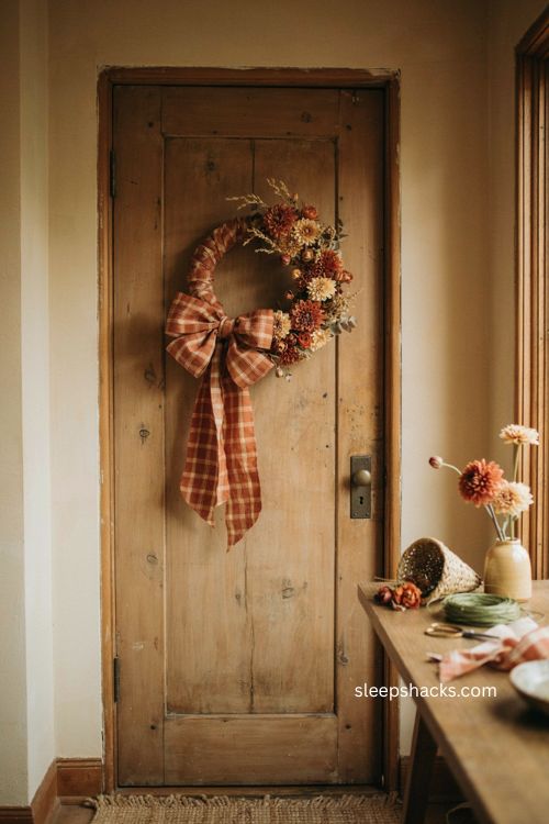 Silk flower bow wreath Thanksgiving door decor with rust cream burnt orange flowers and oversized plaid bow 