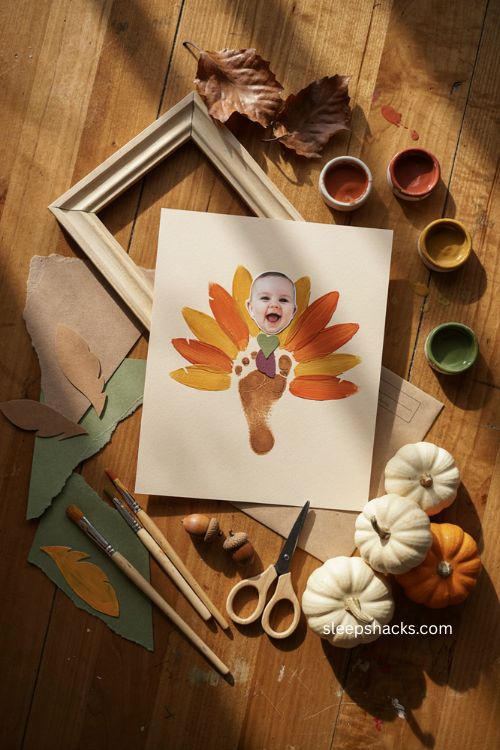 Silly face photo footprint turkey keepsake for Thanksgiving 