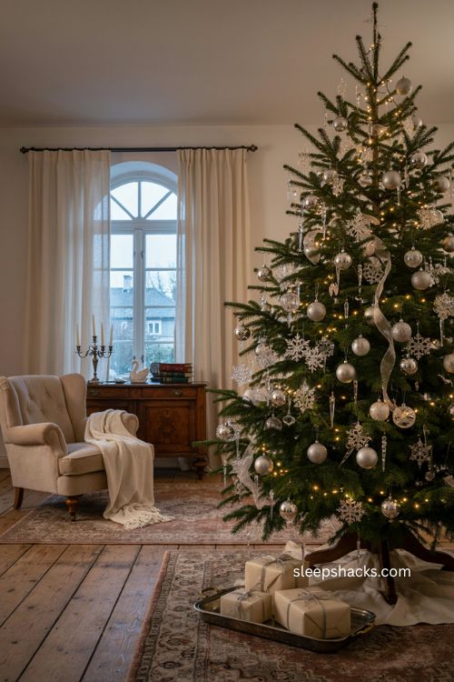 Silver and crystal christmas tree with shiny matte glittered baubles and sparkling winter ornaments 