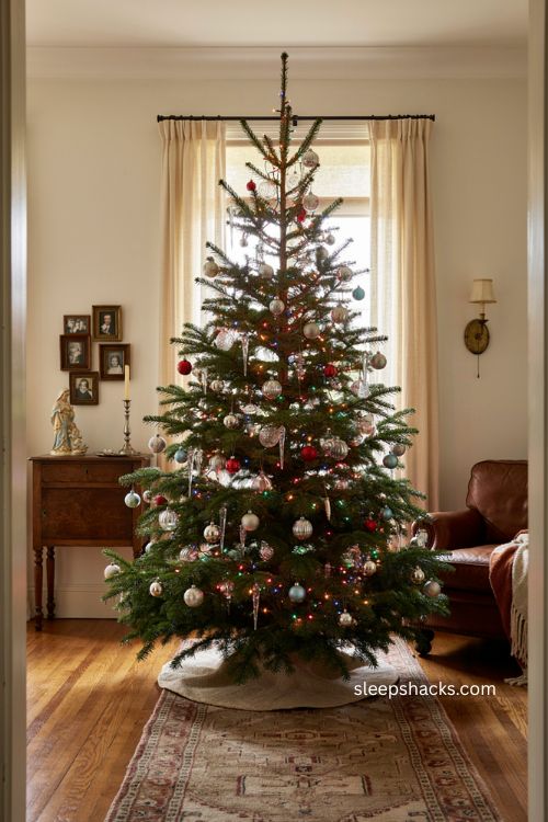 Silver and glass ornaments on a multicolor Christmas tree