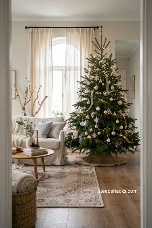 Silver and white Christmas tree with snowflakes pearls clear ornaments and warm lights