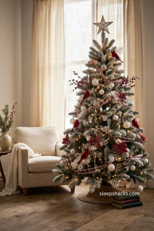 Silver and white star topper on a red white and silver Christmas tree with cozy holiday decor 