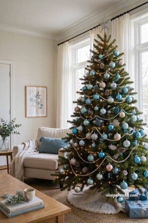 Silver beaded garland on a blue and silver Christmas tree