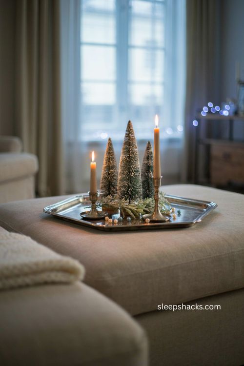 Silver tray with taper candles and frosted trees christmas decor 