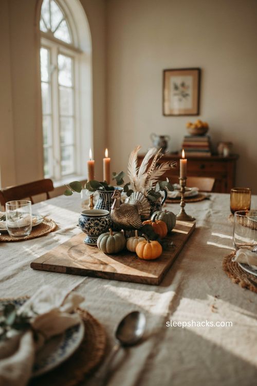 Silver turkey blue and white Thanksgiving centerpiece with pumpkins
