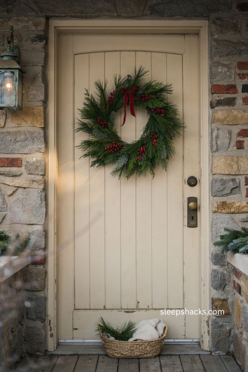 Simple Christmas front door swag with red berries evergreen branches and ribbon