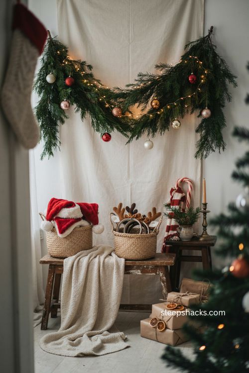 Simple Christmas photo booth corner ideas kids holiday party