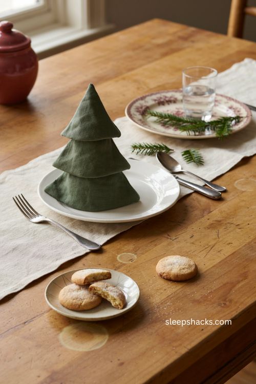 Simple Christmas tree napkin folding for a casual holiday dinner table 
