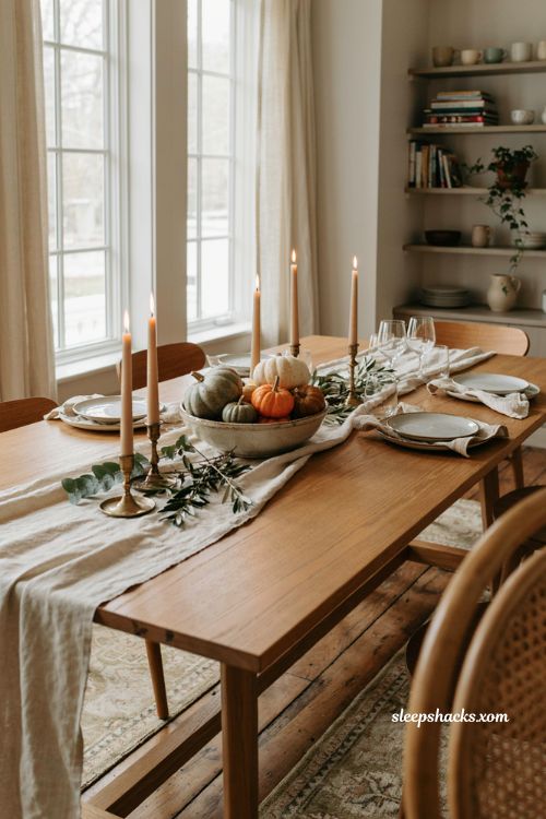 Simple Thanksgiving decor with gourds candles and greenery on a dining table