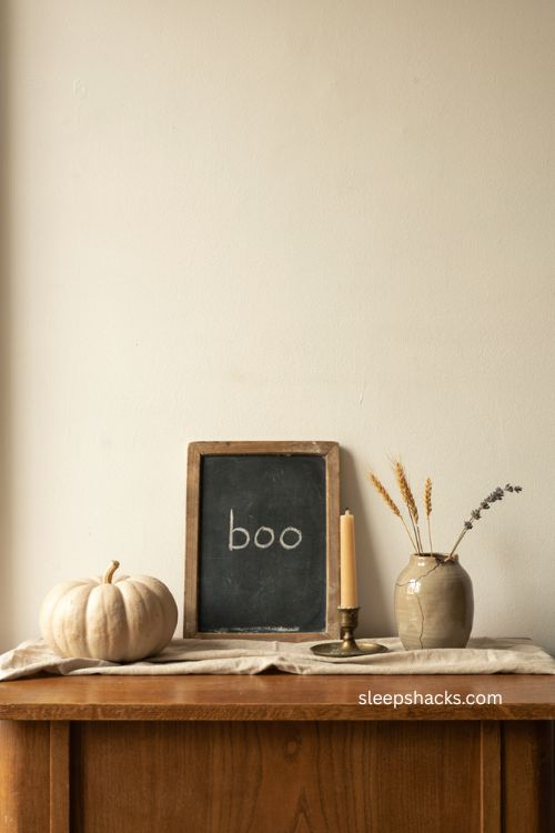 Simple chalkboard sign with spooky word for minimalist Halloween entryway decor