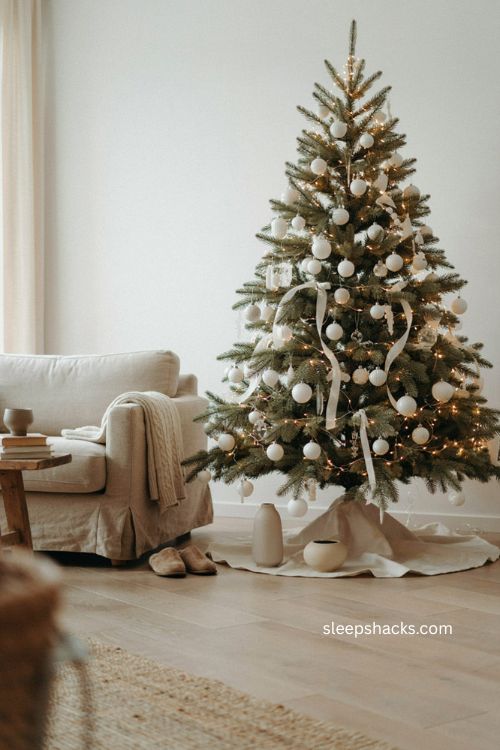Simple classic white Christmas tree with glossy matte ornaments 