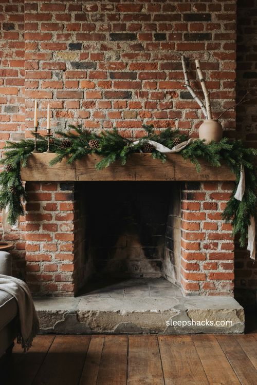 Simple green Christmas mantel with evergreen garland pinecones and rustic fireplace
