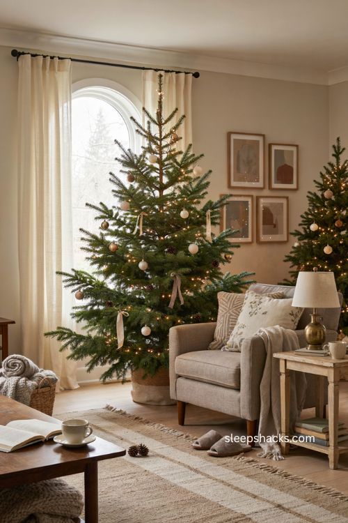 Simple neutral Christmas tree with warm lights in a cozy layered living room 