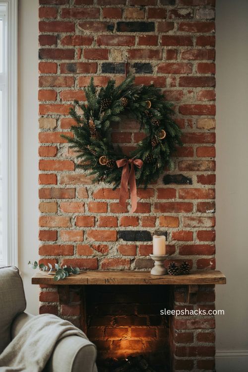 Simple one wreath Christmas chimney decor with exposed brick