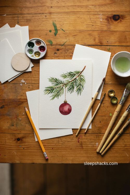Simple watercolor Christmas ornament hanging from evergreen branch 