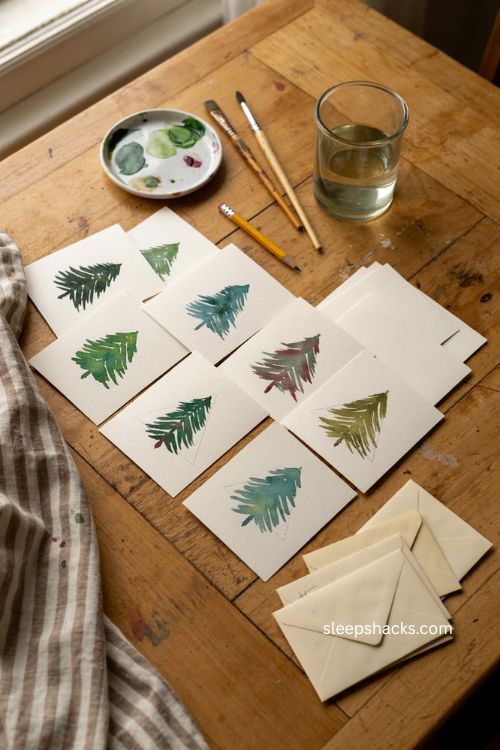 Simple watercolor triangle Christmas trees on handmade cards 