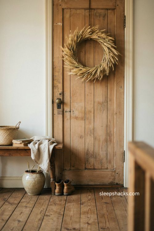 Simple wheat and grain fall thanksgiving wreath with neutral rustic farmhouse decor 