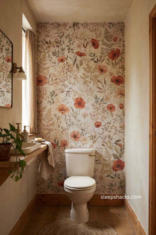 Single accent wall ideas for a narrow toilet room with mural wallpaper 