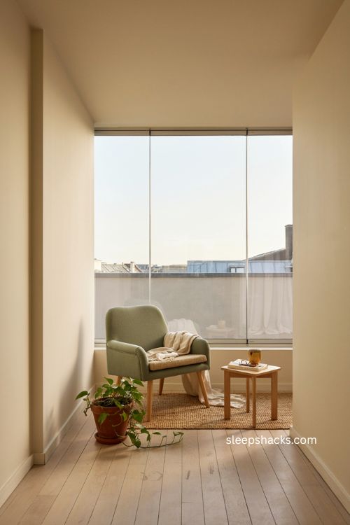 Single panel glass windows for cozy closed balcony with sheer curtains