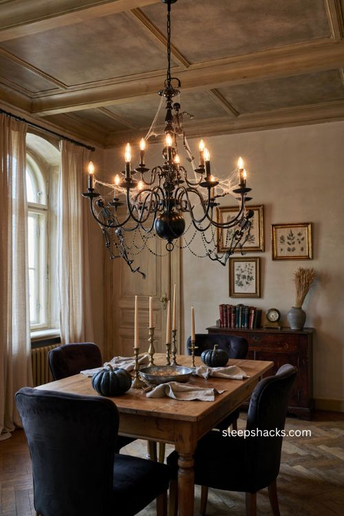 Skeleton chandelier with black beads and vintage Halloween dining room decor 