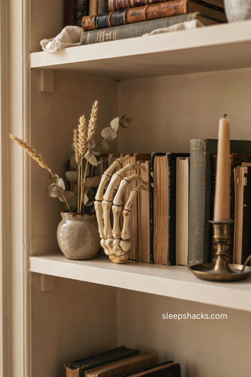 Skeleton hand peeking from bookshelf for minimalist Halloween decor