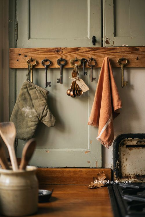 Skeleton key hooks by the stove for vintage Halloween farmhouse kitchen decor 