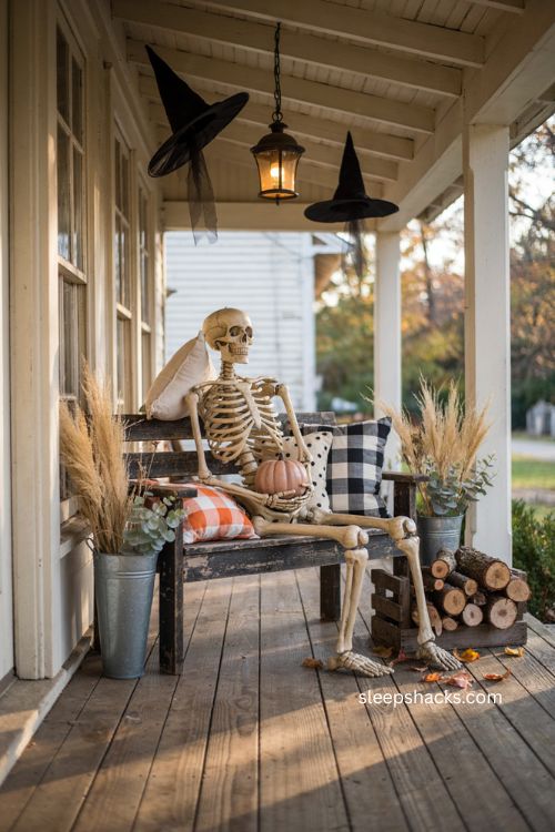 Skeleton on a bench with pumpkin buffalo check pillows and floating witch hats Halloween porch decor