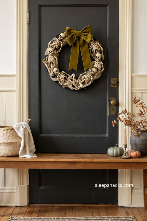 Skeleton wreath with acid green bow on a black door for bold Halloween decor 