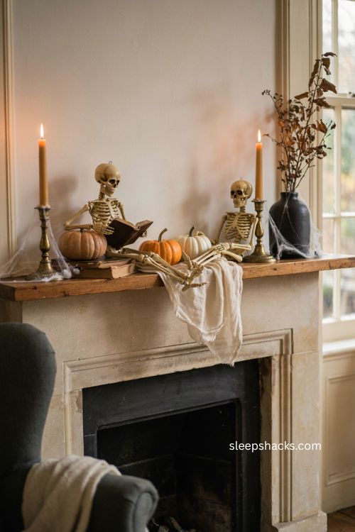 Skeletons lounging on a mantel with pumpkins candles and cozy Halloween decor 