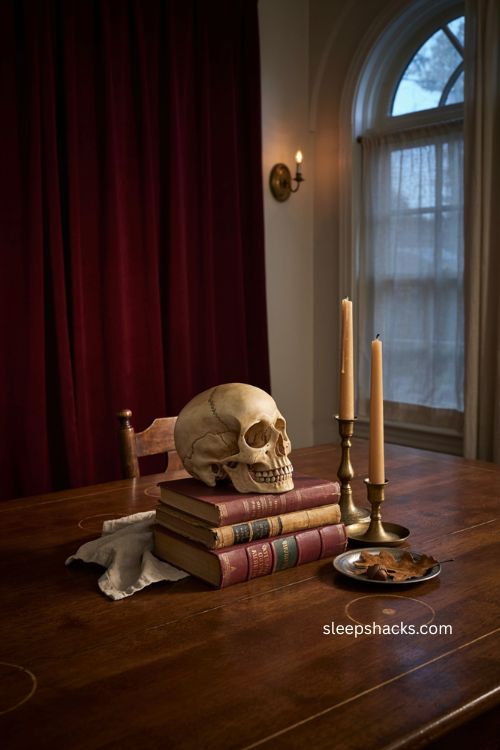 Skull stacked on vintage books with candlesticks for an elegant gothic halloween table 