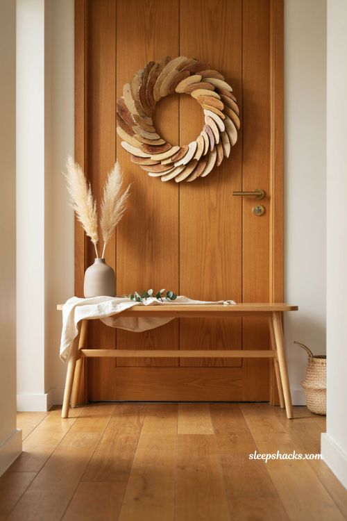 Sliced wood wreath with layered natural tones for modern fall home decor 