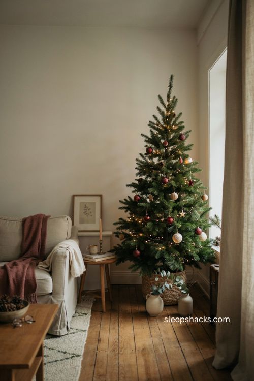 Slim Christmas tree for small living room decor with cozy warm lights and vintage details 