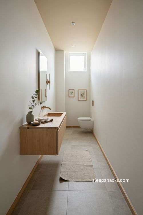 Slim floating vanity ideas for a narrow toilet room with open floor space 