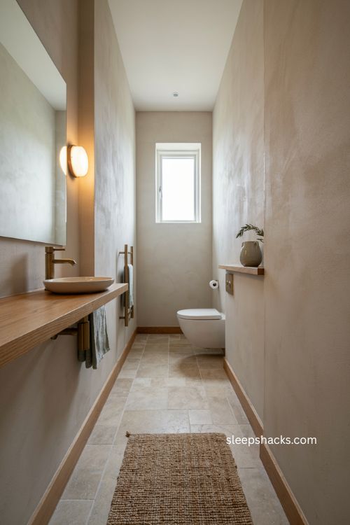 Slim towel rack ideas for a narrow toilet room with folded linen towel 
