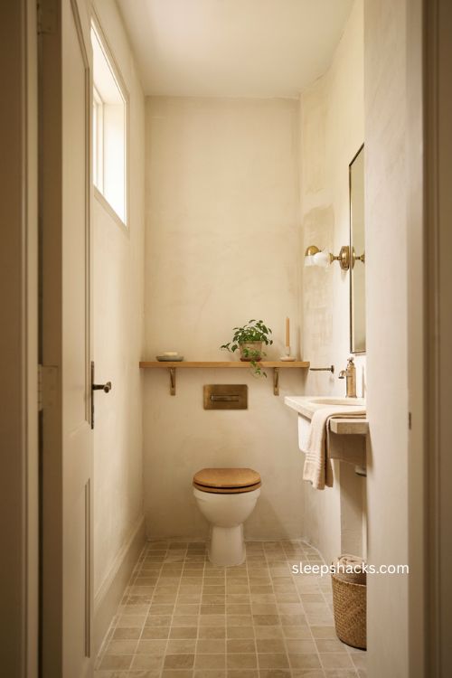 Slim wall shelf ideas for a narrow toilet room above the toilet