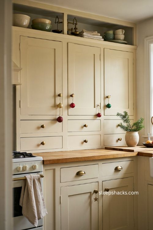 Small Christmas ornaments hanging from kitchen cabinet knobs 