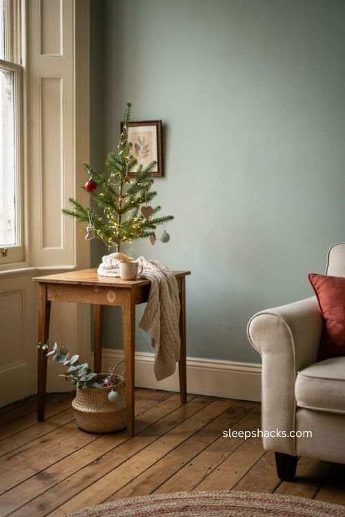 Small Christmas tree cozy living room decor for tiny spaces