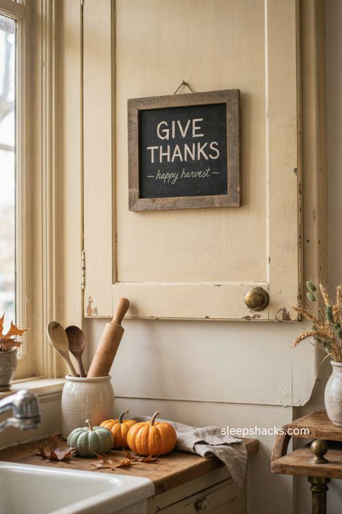 Small Thanksgiving chalkboard plaque with turkey silhouette and farmhouse kitchen decor 