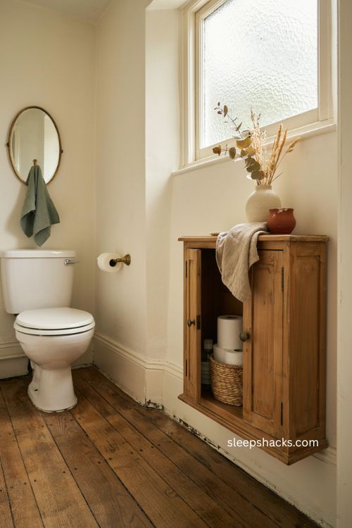 Small accent cabinet in a cozy water closet with hidden storage and vintage decor