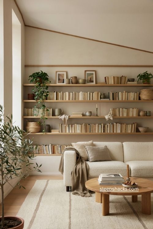 Small apartment living room with built in style wall to wall shelving and cozy decor 